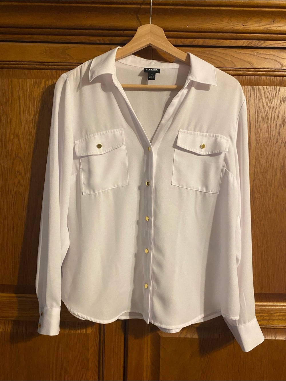 INC International Concepts White Button-Front Utility Blouse with Gold Buttons